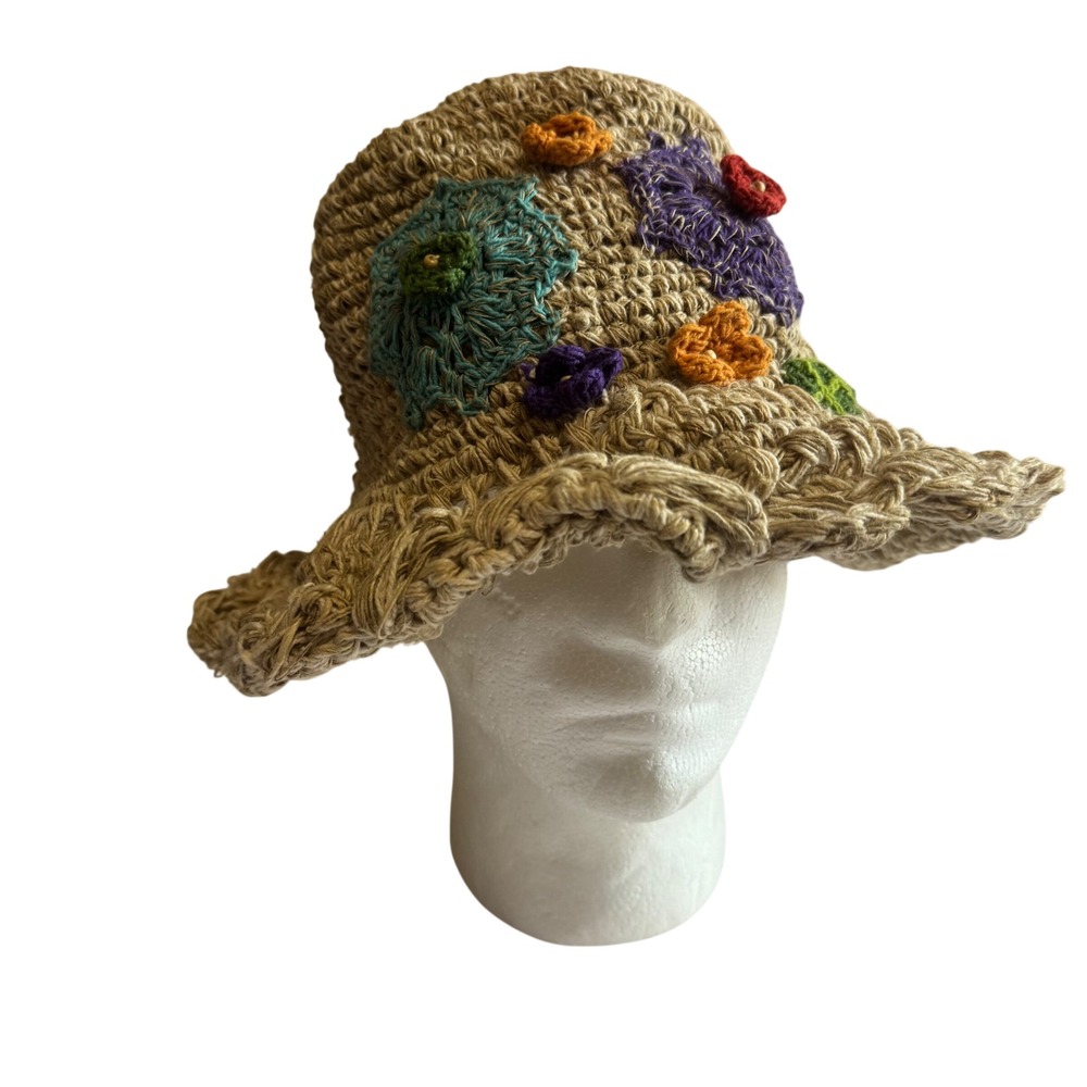 Rising International Hemp Cotton Crochet Flower Sun Hat Boho Bucket Tan Nepal